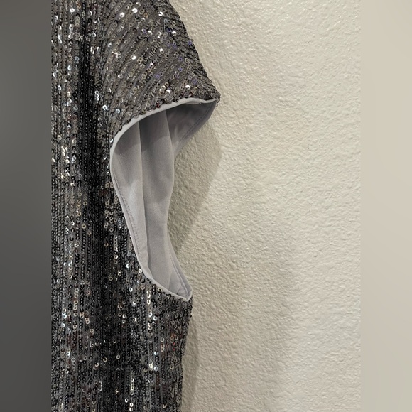 LOFT Chic Silver Sequin Blouse Feminine Office Casual Neutral Party Cap Sleeve - Picture 2 of 5
